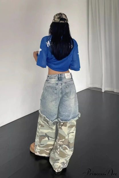 Camouflage Print Patchwork Loose Fit Streetwear Jeans