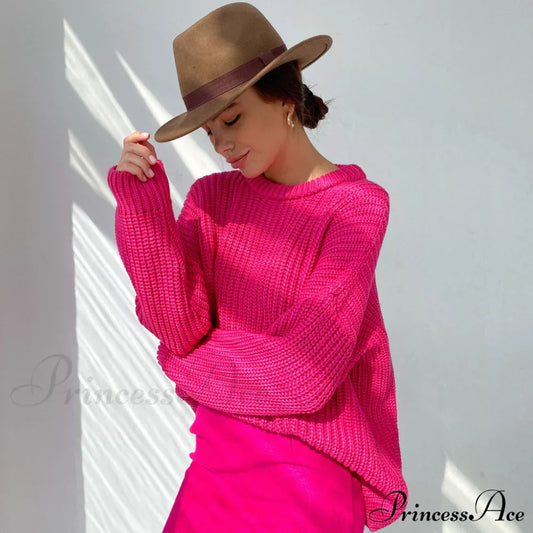Candy Color Crewneck Trendy Pullover Sweater - Purple