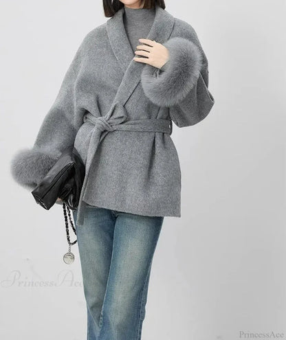 Cashmere Coat With Fur Cuffs Fox Fur Overcoat