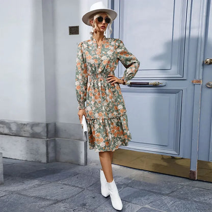 Casual A-line V-neck Floral Dress