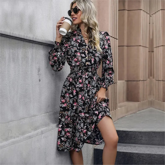Casual A-line V-neck Floral Dress