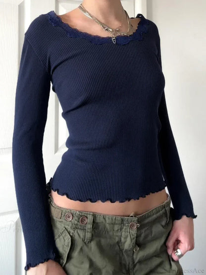 Casual Basic Lace Trim Slim Patchwork O-Neck Knit Top
