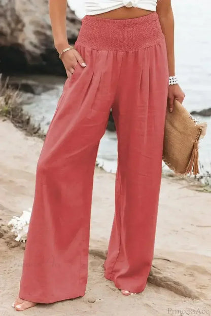 Casual Elastic Waist Linen Wide Pants