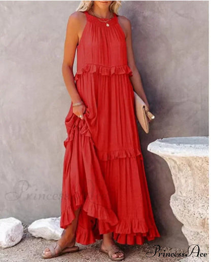 Casual Elegant Ruffle Halter Sleeveless Classic Female Party Outfits Beach Maxi Dress