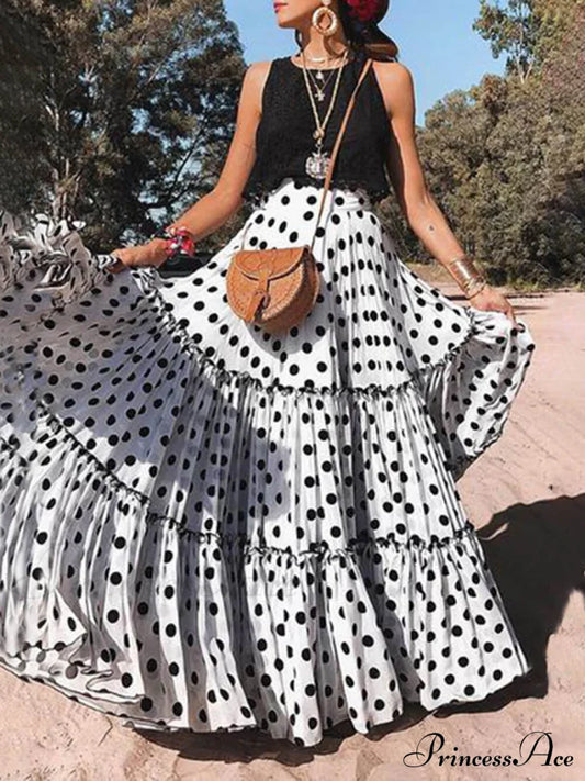 Casual Long Polka Charming Dot Printed Halter Skirt