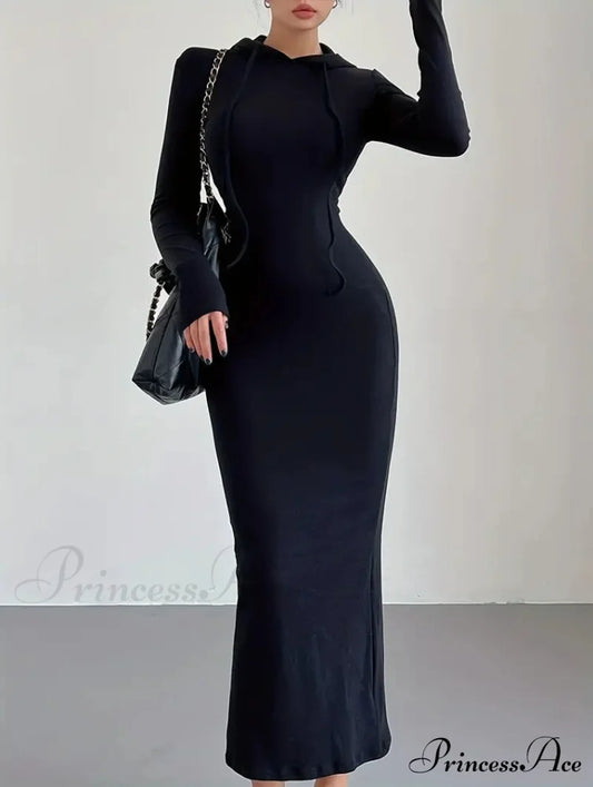 Casual Long Sleeve Drawstring Hooded Bodycon Dress - Black