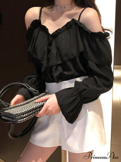 Casual Loose Spaghetti Strap Flare Sleeve Ruffles Tops