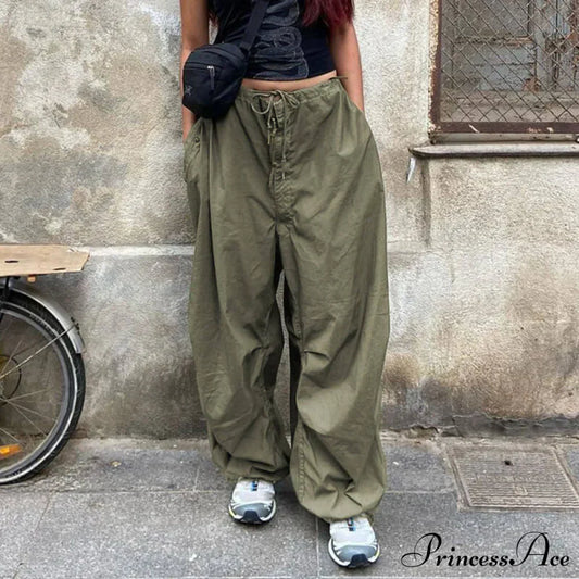 Casual Low Waist Ruched Trim Classic Baggy Cargo Pants - Brown