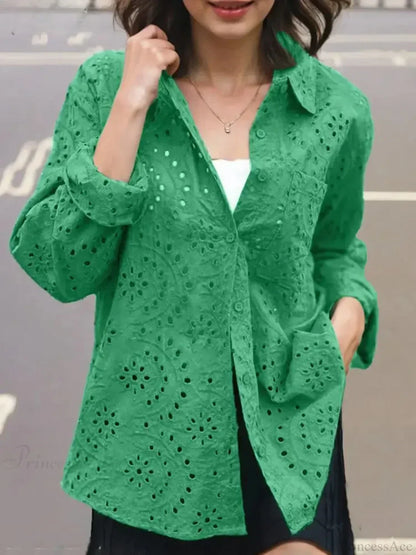 Casual Patchwork Turn-down Collar Embroidered Blouse
