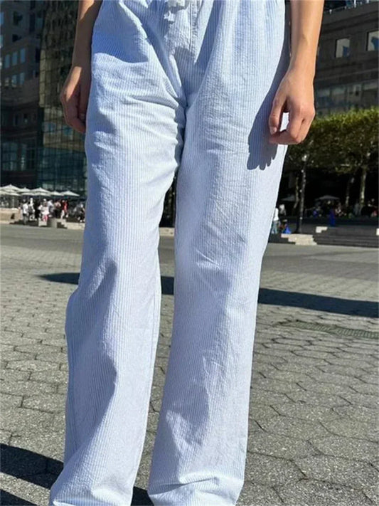 Casual Pinstripe Drawstring Loose Straight Street Pants