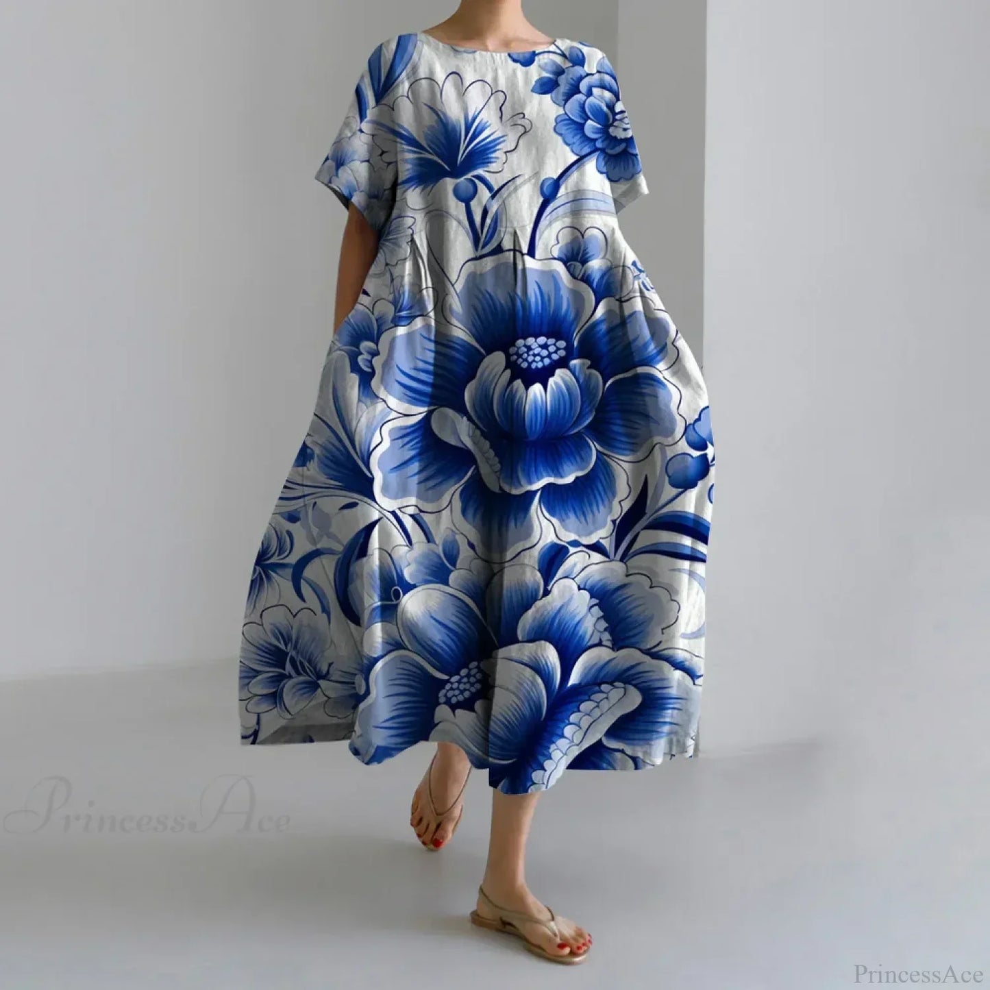 Casual Round Neck Floral Print Loose Long Summer Dress