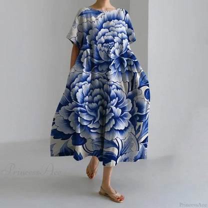 Casual Round Neck Floral Print Loose Long Summer Dress