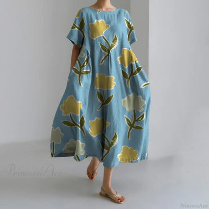 Casual Round Neck Floral Print Loose Long Summer Dress