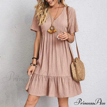 Casual Ruffle V Neck Midi Shift Dress for Women