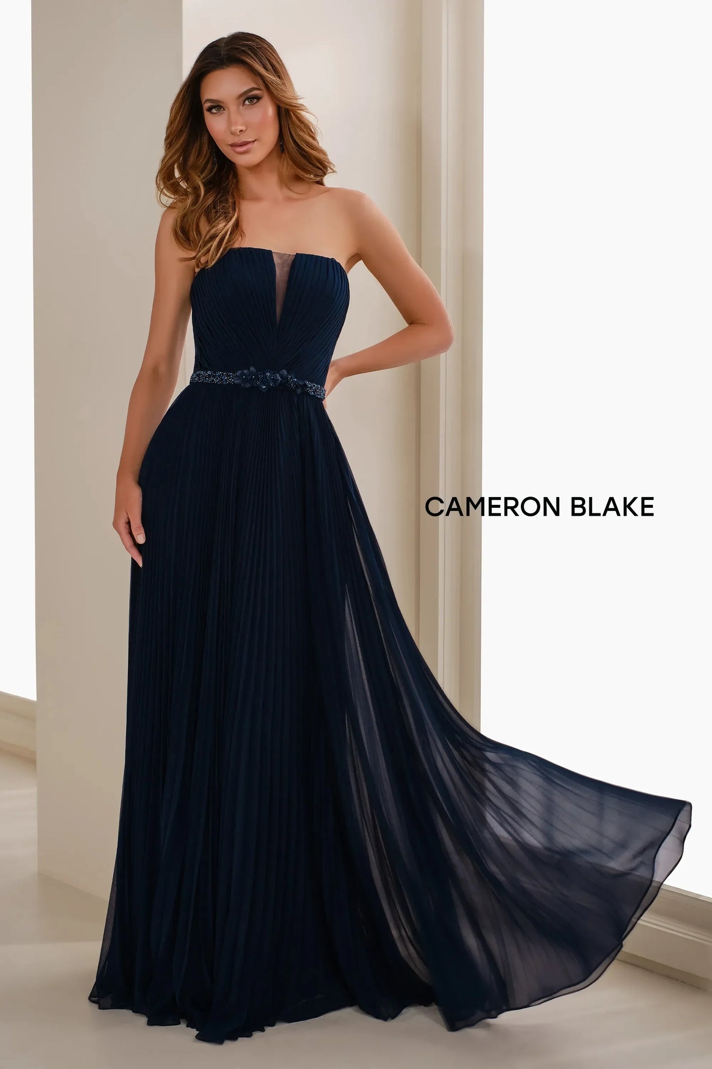 Cameron Blake CB903 Pleated Long Formal Beaded A Line Evening Gown