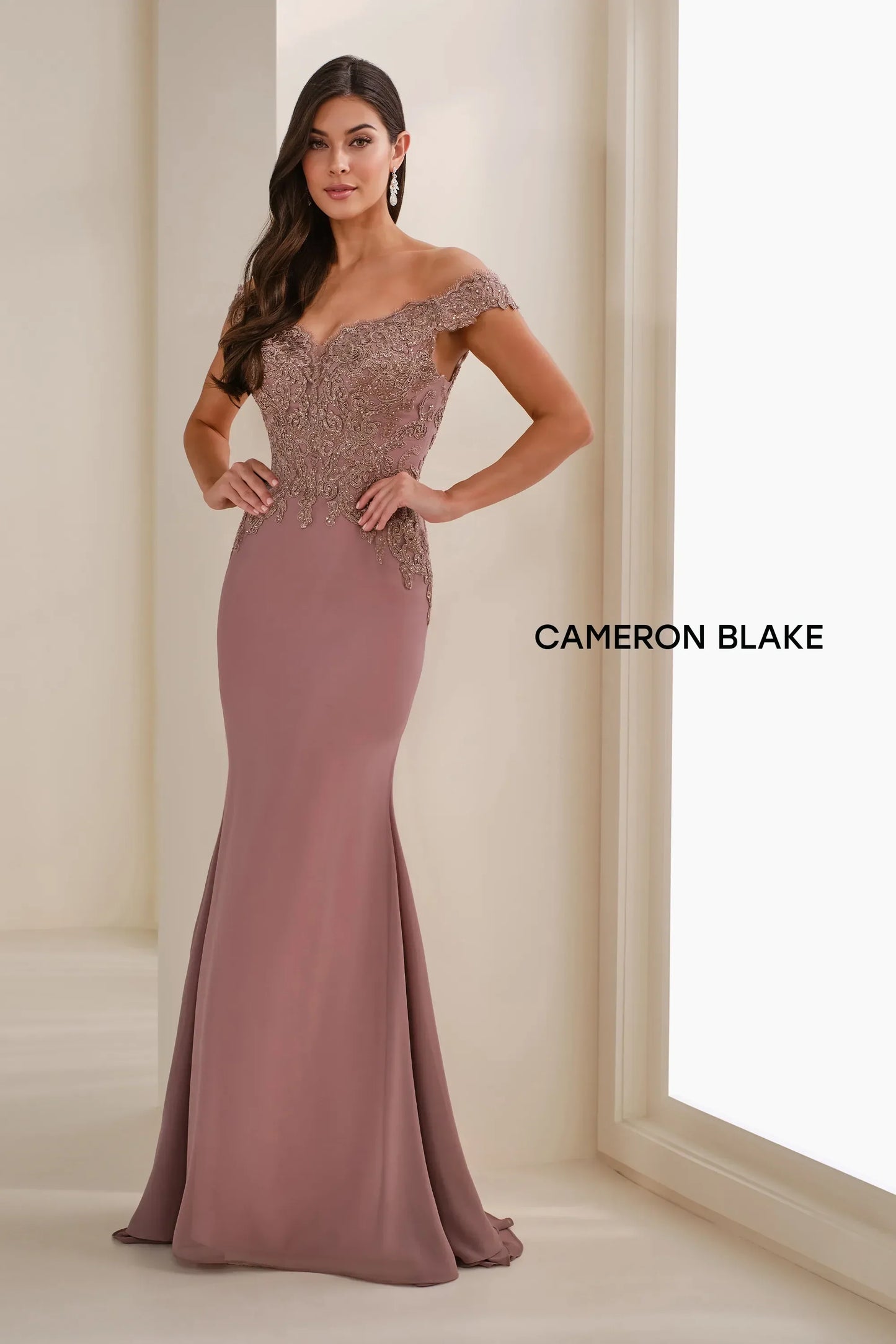 Cameron Blake CB907 Long Formal Lace Applique Evening Dress
