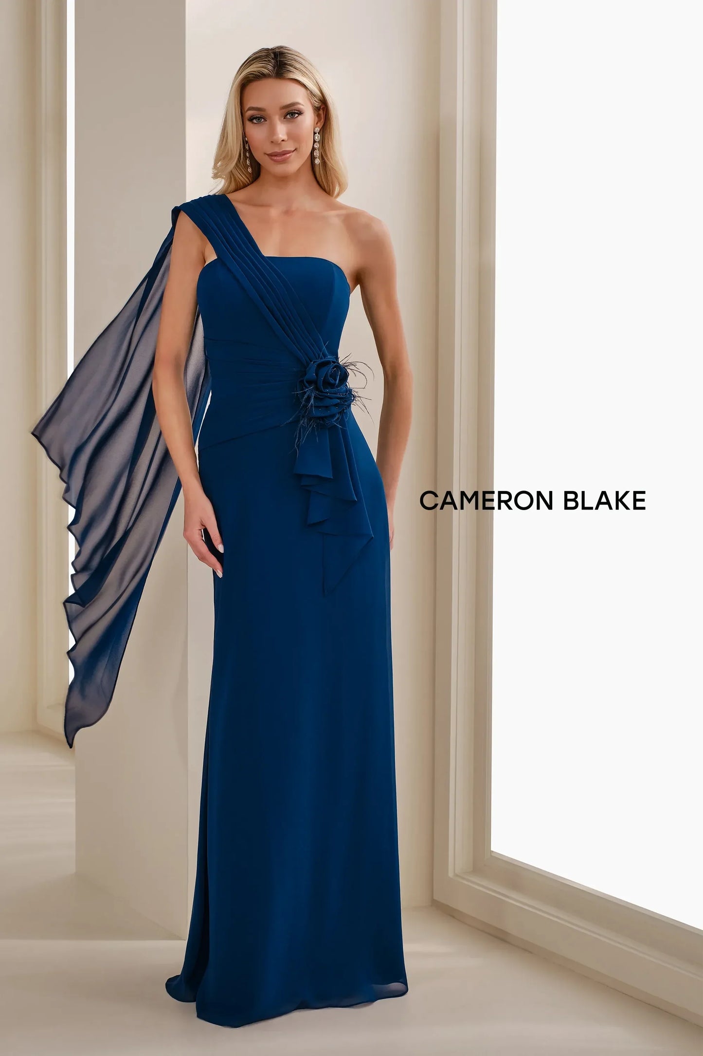 Cameron Blake CB908 Pleated Long Formal Feather Evening Gown
