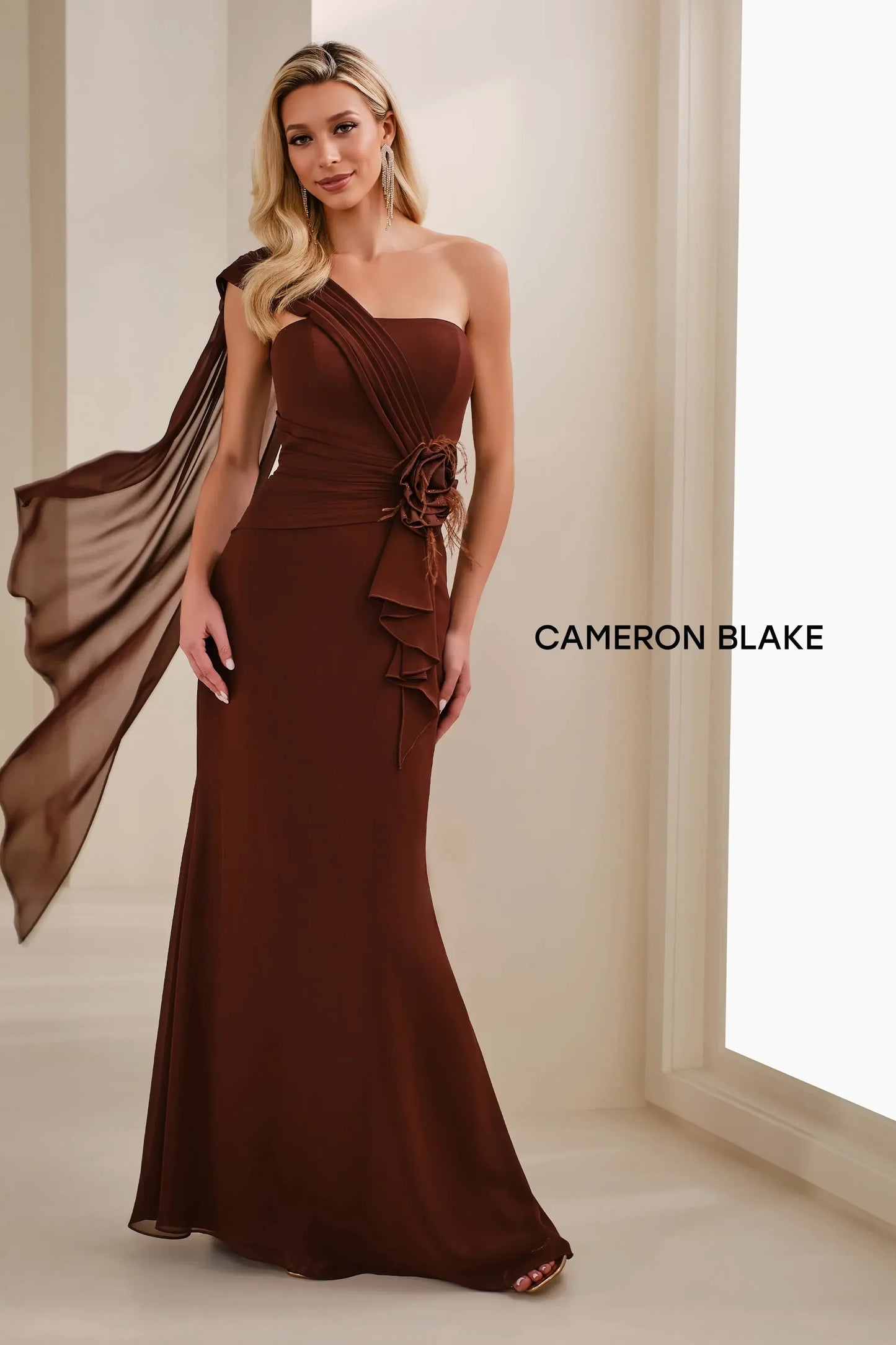 Cameron Blake CB908 Pleated Long Formal Feather Evening Gown