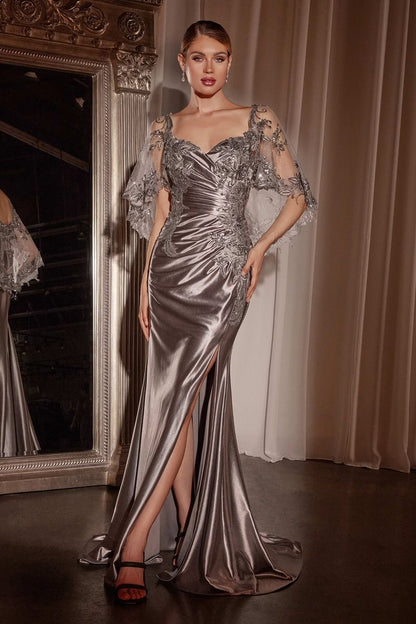 LaDivine S499 Long Fitted Formal Slit Evening Gown
