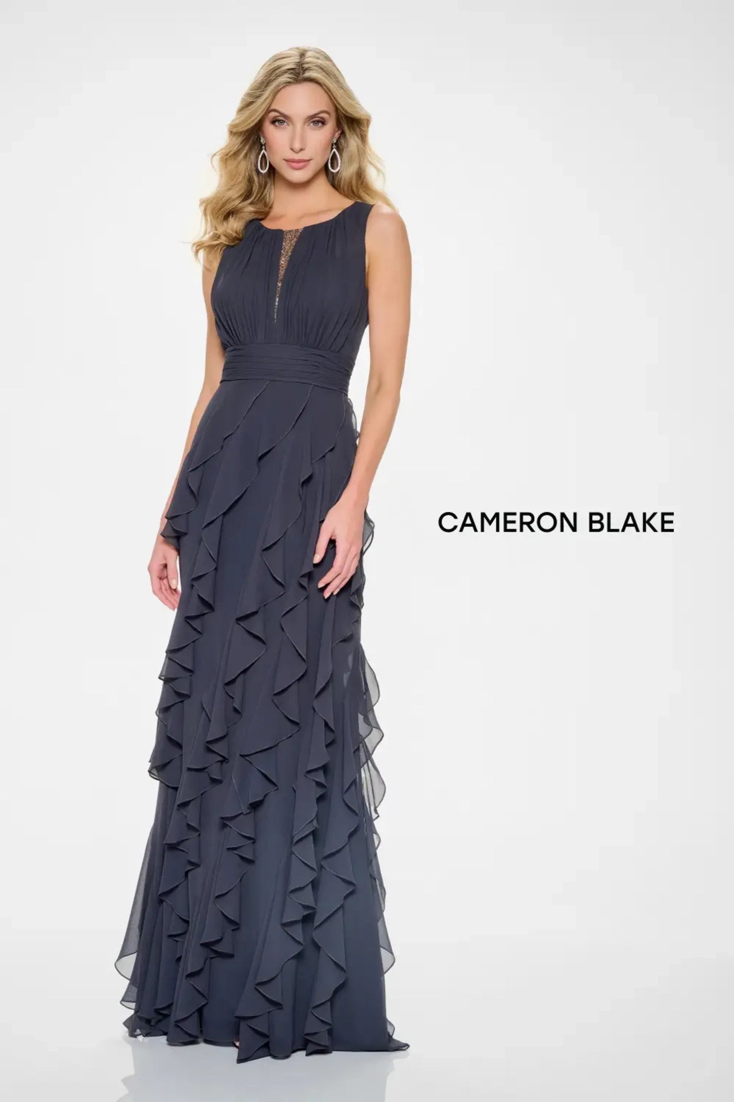 Cameron Blake CB213 Long Formal Beaded Ruffle Evening Dress