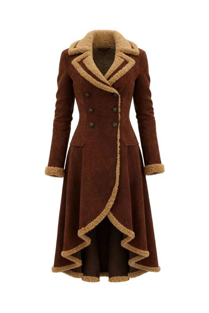 Suede coat with irregular hem and fur trim