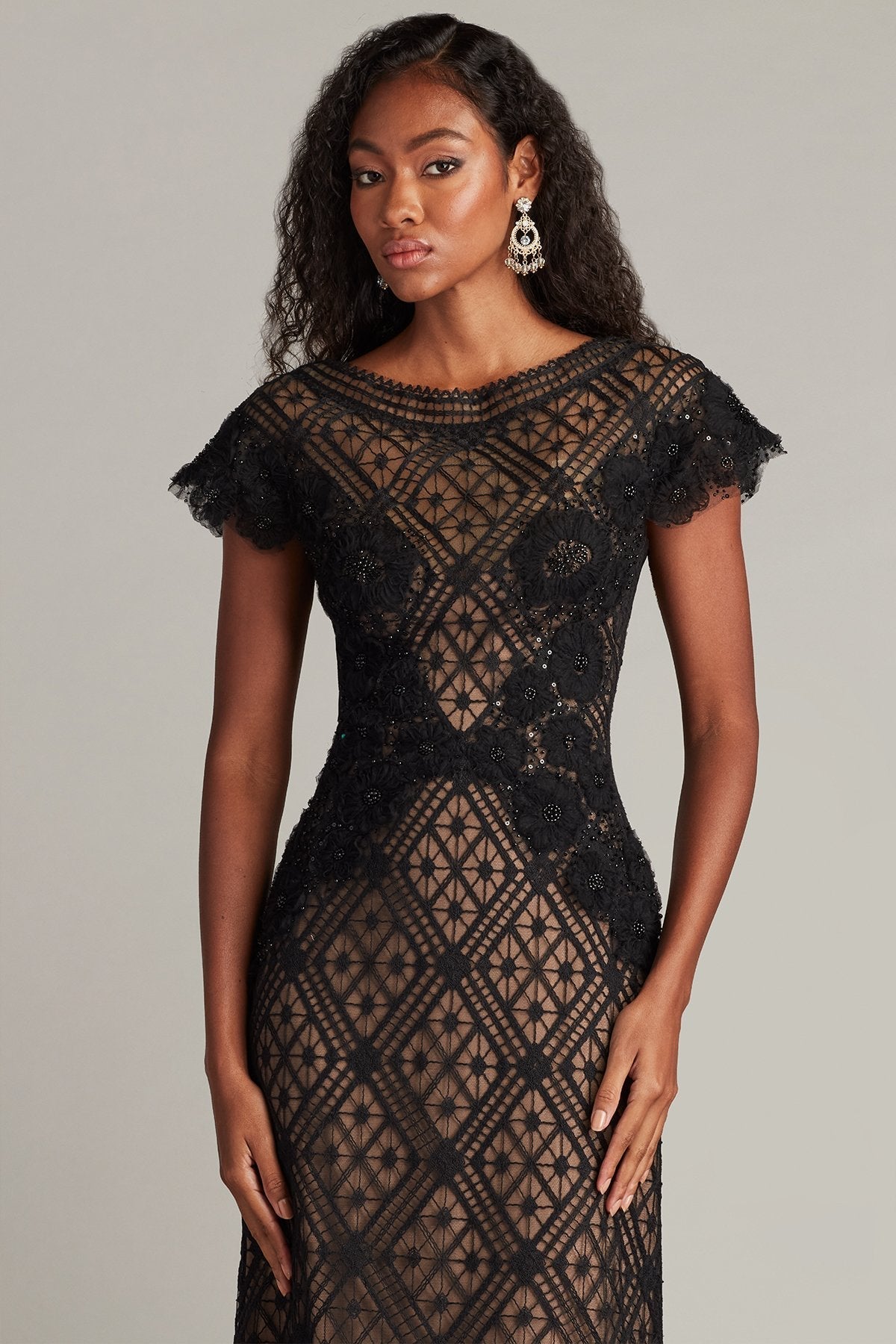 Tadashi Shoji CHR25361L Long Ruffle Formal Cap Sleeve Dress
