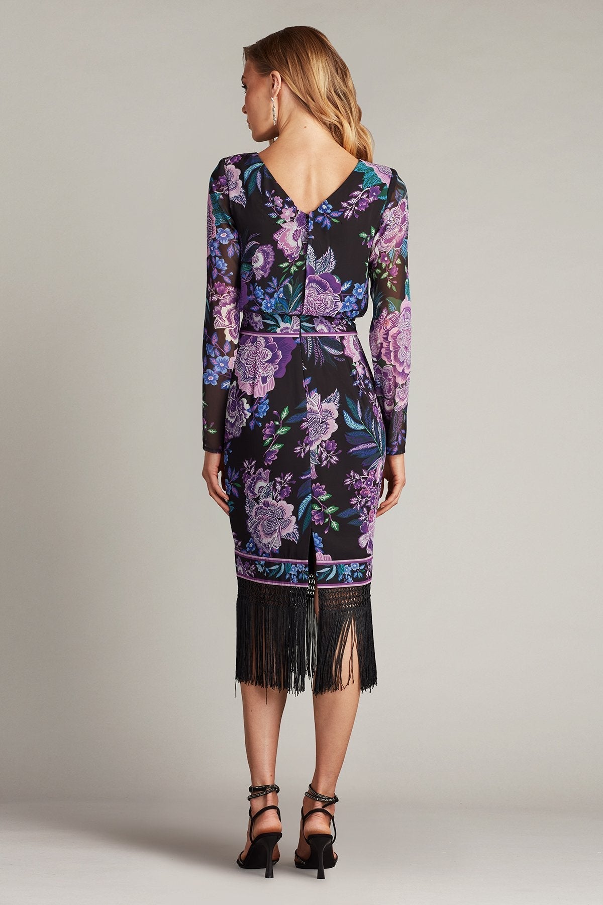 Tadashi Shoji CHZ25451M Midi Length Fringe Floral Fitted Cocktail Dress
