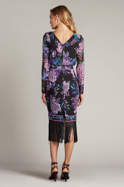 Tadashi Shoji CHZ25451M Midi Length Fringe Floral Fitted Cocktail Dress