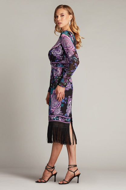 Tadashi Shoji CHZ25451M Midi Length Fringe Floral Fitted Cocktail Dress