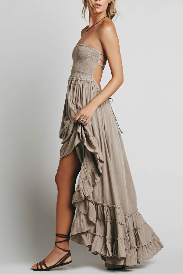 Smocked Bandeau Backless Tiered Ruffle Maxi Dress