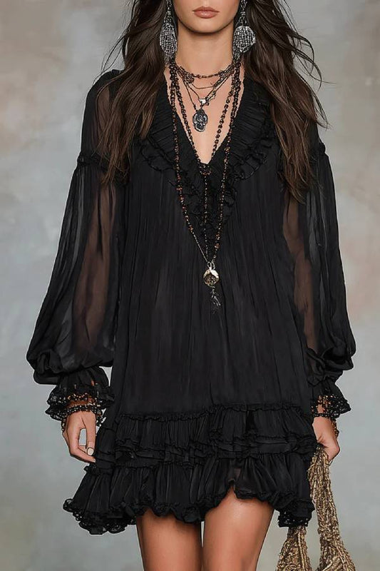 Black V-neck Lantern Sleeve Ruffled Chiffon Mini Dress