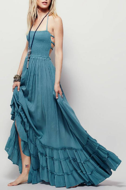 Smocked Bandeau Backless Tiered Ruffle Maxi Dress