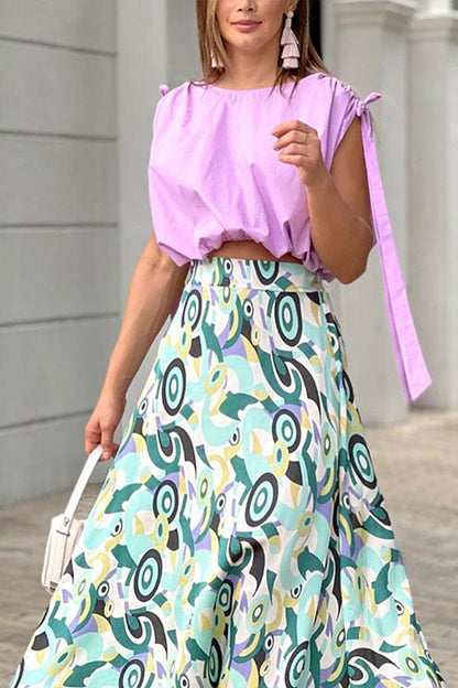 Taro Purple Short Top Printed Skirt Suit