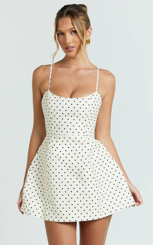Carolina Mini Dress - Scoop Neck Panel Bodice Dress in White Polka Dot