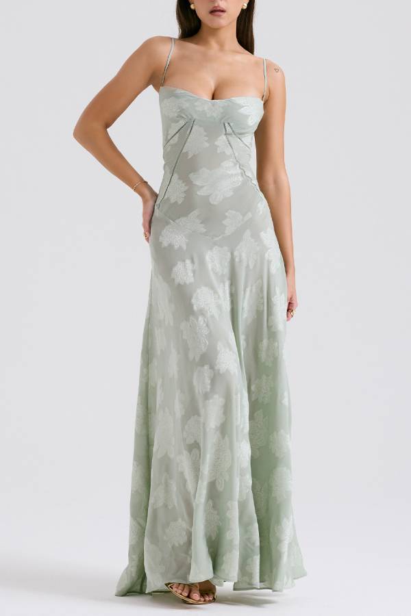 Spaghetti Strap Jacquard Lace Waist-Cinched Tie Maxi Dress