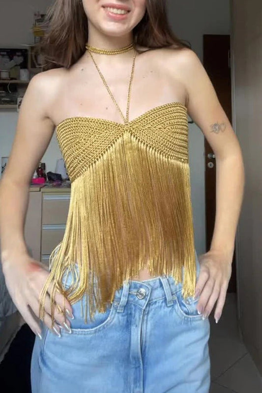 Boho Style Handmake Knit Patchwork Tassel Hem Thin Straps Loose Tank