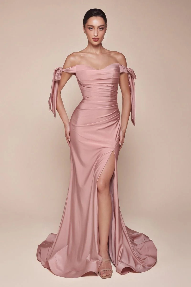 Amber Gown - Off Shoulder Stretch Spandex Satin Dress With Ties