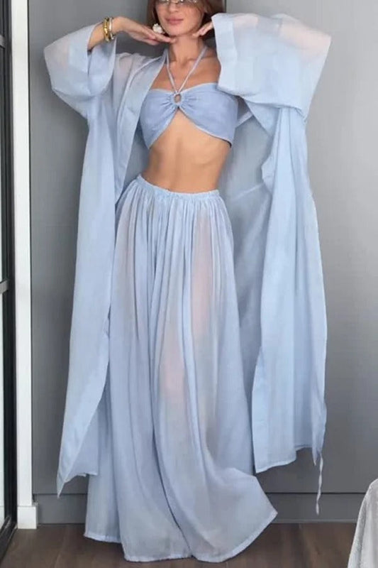 Flowy Linen Blend Halter Tank & Elastic Waist Tie-up Wide Leg Pants & Kimono Cover-Ups 3pieces Set