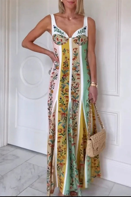 Sweet Garden Linen Blend Color Block Floral Paneled Maxi Dress