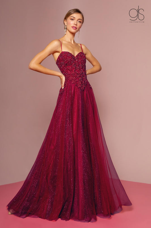 Embroidered Bodice and Mesh Glitter Floor Length Skirt