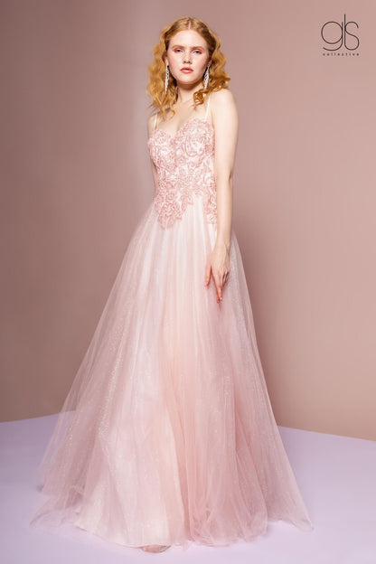 Embroidered Bodice and Mesh Glitter Floor Length Skirt