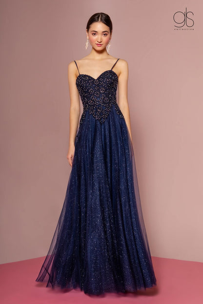 Embroidered Bodice and Mesh Glitter Floor Length Skirt