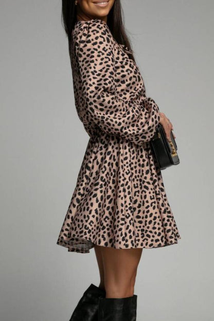 Tie-waist printed dress with lantern sleeves