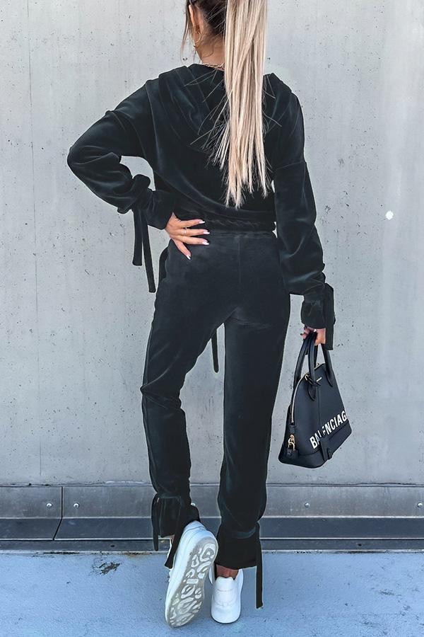 The Fashion Week Velvet Tie Front Hoodies &Joggers Set