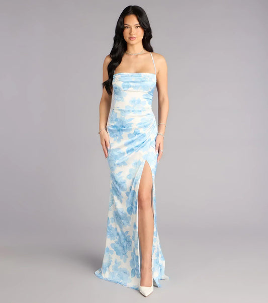 Helen Floral Satin Lace-Up Formal Dress