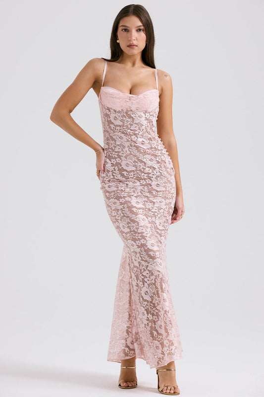 rose pink lace godet gown