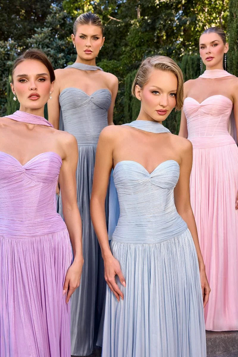 Linnea Gown - Strapless Shimmer Chiffon Dress with Scarf