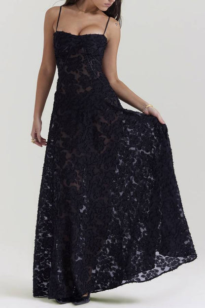 Spaghetti Strap Jacquard Lace Waist-Cinched Tie Maxi Dress