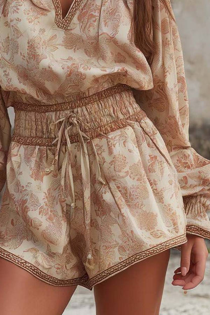 V-Neck Botanical Print Waist-Cinching Short Romper