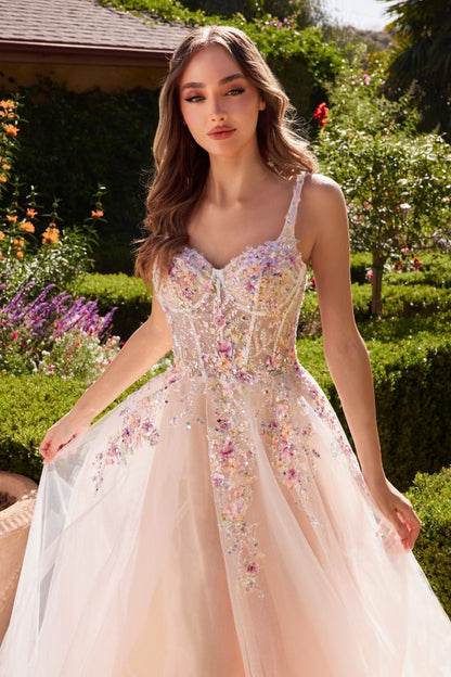A1288 - A-LINE DRESS WITH MULTI COLORED FLORAL EMBELLISHMENT - ANDREA & LEO
